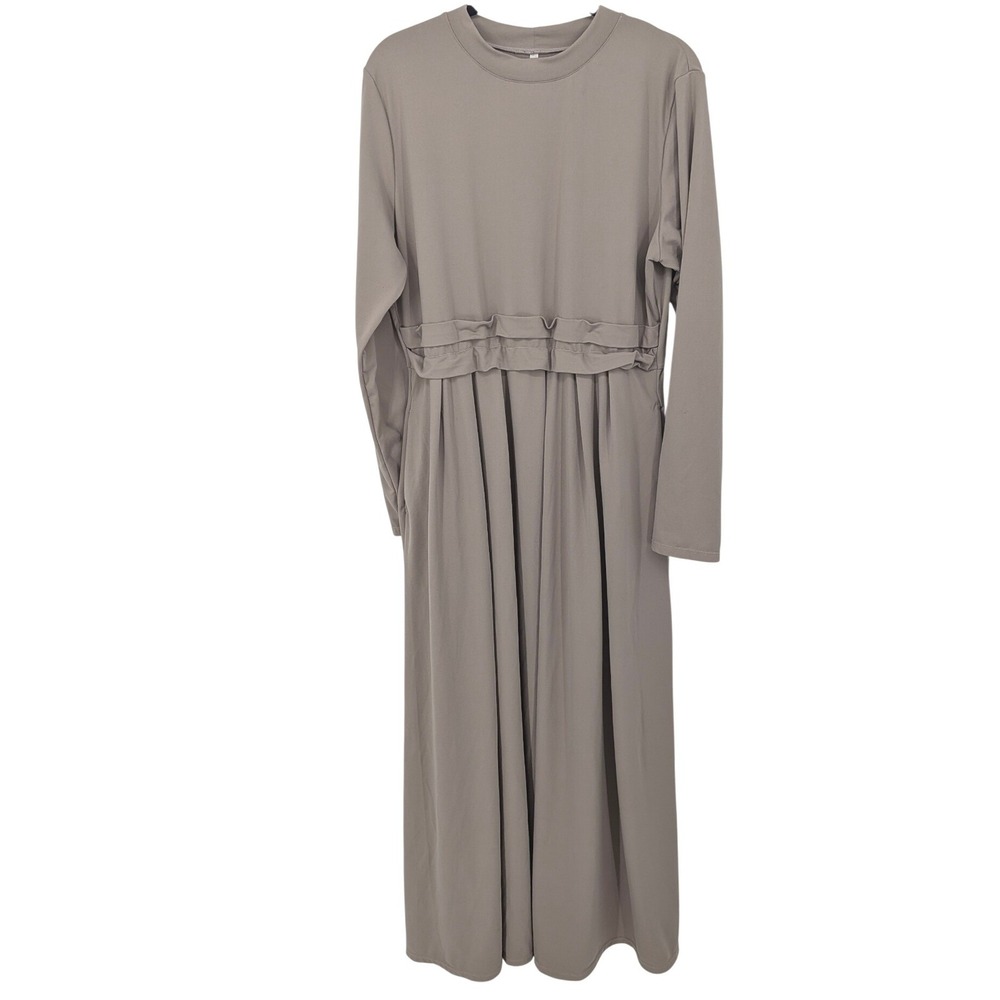 Halara Maxi Dress Women XL Taupe Long‎ Sleeve Ruffle Crew Neck Athleisure Casual
